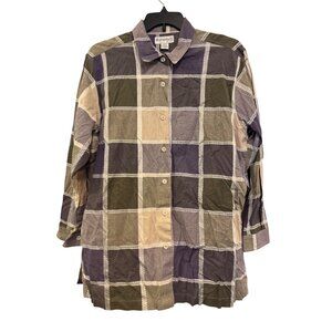 Dressbarn Womens 1X Plaid Button-Up Shirt 3/4 Sleeves Cotton-Rayon Blend Multico
